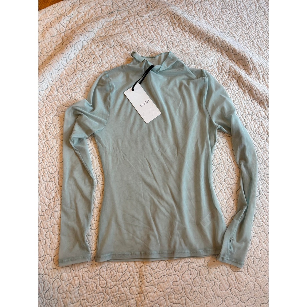 CALIA Womens Smoked‎ Turquoise Draped Funnel Long Sleeve Mesh Top Size Small